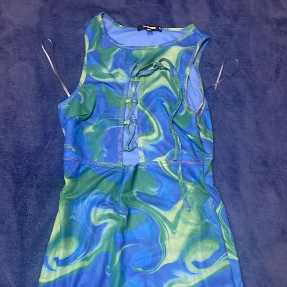 Blue green swirl mesh mini dress w/ tie in front from Missguided. US 6 - Picture 3 of 4